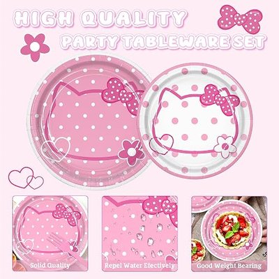 161PC Pink kittens Birthday Party Supplies Kit - Includes Pink Cat Dot Plates Napkins Cups Tablecloth Straws Forks Spoons Knives for Girls Party, Baby Shower, Cute Kattyy Decorations serve 20 Guests