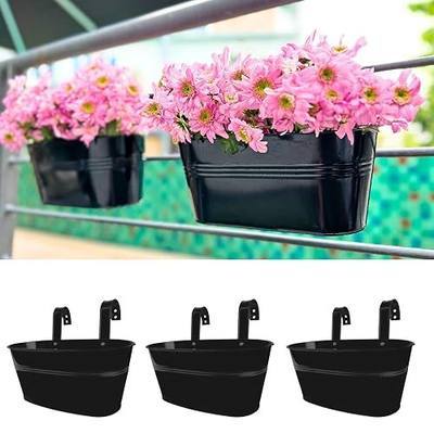 LaLaGreen Hanging Rail Planter (9.8 in, 3 Pack) Black Metal Deck Fence Pots | Deck rail planters balcony fence patio porch outdoor plants, black iron hanging buckets herb garden flower pots, macetas