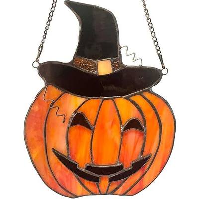 Bieye W10106 Carved Pumpkin with Witch Hat Tiffany Style Stained Glass Window Panel for Home Decor