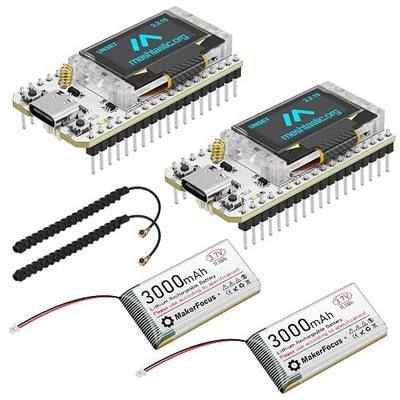 2 Pack ESP32 LoRa V3 Development Board + 3000mAh Battery Set, Integrated WiFi Bluetooth SX1262 CP2102 0.96-inch OLED Display Type C for Meshtastic LoRaWAN Arduino IoT Intelligent Scene