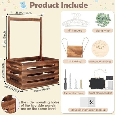Wooden Baby Shower Crate Closet with Handle and Garland, Large Capacity Baby Baskets for Baby Shower, Easy Assembly Baby Shower Basket for Welcome Newborn Parents Party (Dark Walnut)