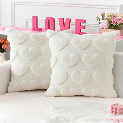 Kevin Textile Heart Love Cute Decorative Throw Pillow Covers 18x18 Inch Set of 2 Soft Faux Fur Pillow Covers for Valentine's Day Gifts Fluffy Plush Pillow Case for Couch Cushion Livingroom Cream White