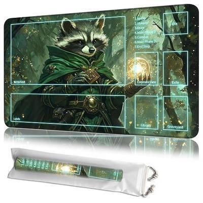 MTG Playmat 24"x14" with Play Zones, Machine Washable Non-Slip Rubber Mat, 2mm Thick Stitched Edge for Magic The Gathering TCG Players- Forest Sorcerer Raccoon