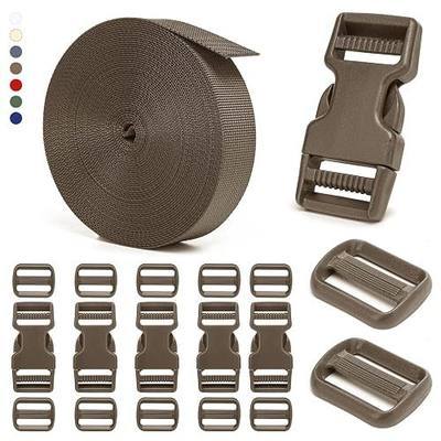 BEYOURD Buckle and Strap Set, 10 Yards Polyester Webbing Strap with 6 Dual Adjustable Side Release Plastic Buckles, 12 Pcs Tri-Glide Slider Clips for Tactical Gear (Everyday Series 1 Inch, Coyote Tan)