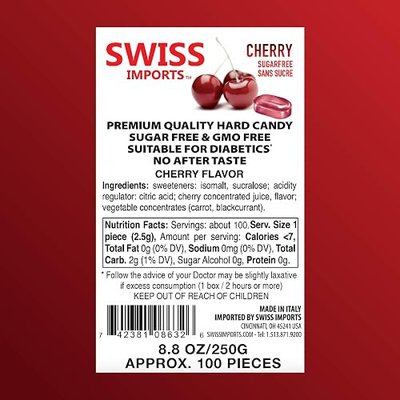 Swiss Imports Sugar Free Bonbons Hard Candy Drops, Cherry, 100 Individually Wrapped Pieces, 250g/8.8oz