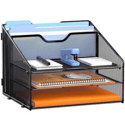 GAWERK Desk File Organizer Paper Letter Tray File Holder Office Rack, Black | Paper Tray Organizer, File Organizer for Desk, Metal Mesh Office Organization with 3 Paper Trays and 2 Vertical Section