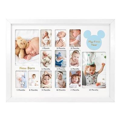 FramePro My First Year Photo Frame 12x16, Baby's First Twelve Months 4x6 and 2x3 Wallet Pictures Milestone Board Keepsake, as New Mom Baby Newborn Gift, White