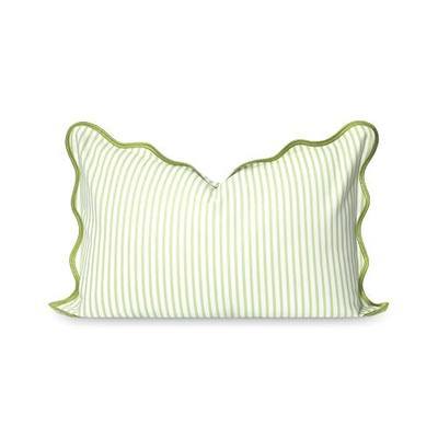 Hofdeco Premium Coastal Patio Indoor Outdoor Scalloped Lumbar Pillow Cover Only, 12"x20" Water Repellent for Backyard, Couch, Green Print Stripes