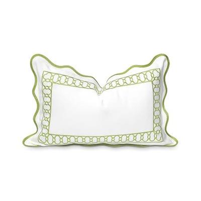 Hofdeco Premium Coastal Patio Indoor Outdoor Scalloped Lumbar Pillow Cover Only, 12"x20" Water Repellent for Backyard, Couch, Green Embroidered Begonia Pattern Chain Frame