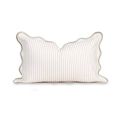 Hofdeco Premium Coastal Patio Indoor Outdoor Scalloped Lumbar Pillow Cover Only, 12"x20" Water Repellent for Backyard, Couch, Neutral Tan Print Stripes