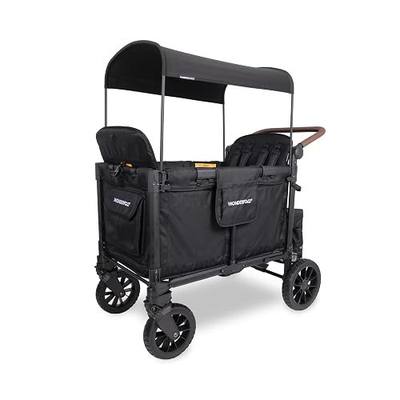 WonderFold W4 Luxe Pro Stroller Wagon - Collapsible Stroller Wagon with Aluminum Frame - Adjustable Canopy & Push Handle - XL All-Terrain Wheels - For Babies, Toddlers & Kids - 4 Seater - Black