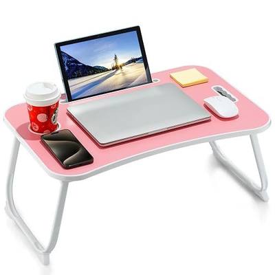 ZEAPTAC Laptop Bed Desk, Foldable Lap Desk, Portable Lap Table, Laptop Stand with Cup Holder, Tablet Slot & Lifting Handle for Work, Write, Draw & Eat on Bed, Sofa or Couch - Rose Pink