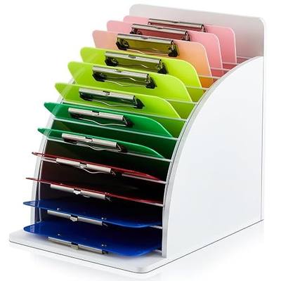Wonderjune 1 Pack Clipboard Holder Wooden Metal Clipboards Storage Rack with Raised Side Panel, Back to School Supply for Classroom Office School Teacher, Clip Boards Not Included(White)