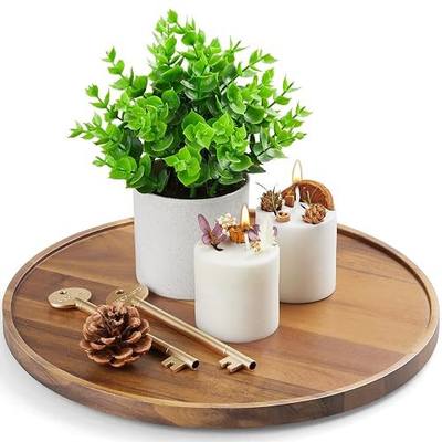 12 Inch Acacia Wood Round Tray, Wooden Decorative Bathroom Coffee Table Tray Centerpiece Candle Holder for Farmhouse Kitchen Dining Room Home Decor Coffee Table Decor and Accessories