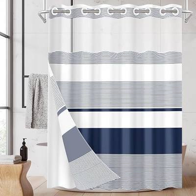 No Hook Navy Blue Shower Curtain with Snap in Fabric Liner Set, Boho Striped Modern Double Layers Waterproof Fabric with See Through Top Window Open Grommet Bath Curtain 71x74 Inch
