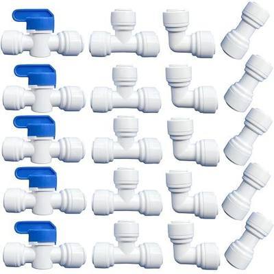 20 pcs Water Push to Connect Quick Connect Fittings 3/8" Tube OD for RO Water Reverse Osmosis System Water Tube Fitting (Ball Valve + Tee fitting + Union Connector+Elbow Connector)