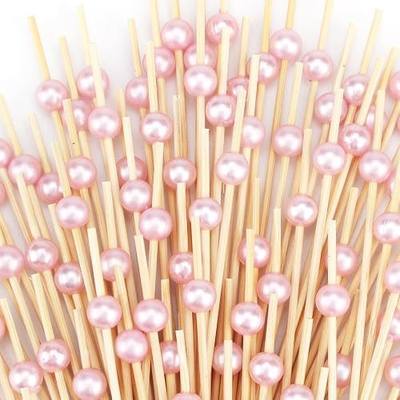 200 PCS Pink Cocktail Toothpicks for Appetizers, Coctail Skewers Sticks | Natural Bamboo Pearl Decorative Cocktail Tooth Picks for Drinks, Fruit, Charcuterie, Wedding Food Party Fancy 4.7 Inch Long