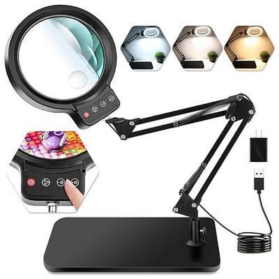 10X 30X Large Magnifying Glass with Light and Stand, 5-inch Lighted Magnifier, 72 LED 3 Color Modes Stepless Dimmable, Hands-Free Magnifying Glass Desk Lamp for Reading Craft Hobby Close Work Black