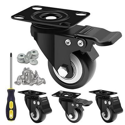 2 Inch Locking Caster Wheels Set of 4 – 600+ LBS Capacity, Black PU Casters with Dual Brake for Furniture, Cabinets & Light Carts – NOT for Heavy Machinery or Industrial Use