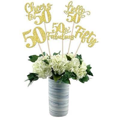 15PCS Happy 50th Birthday Centerpiece Sticks Hello 50 Fabulous Table Flower Centerpieces Sticks Fifty Cheers to 50 Years Floral Decoration for Happy 50th Birthday Party Centerpieces Sticks Gold