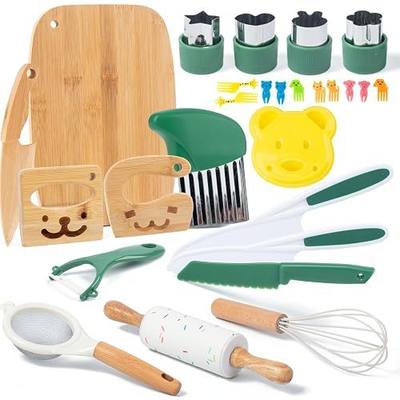 18 PCS Kids Cooking Sets Real, Montessori Kitchen Tools for Kids, Cooking & Baking Set for Kids Little Chefs, Kids Knife Set, Crinkle Cutter, Cutting Board