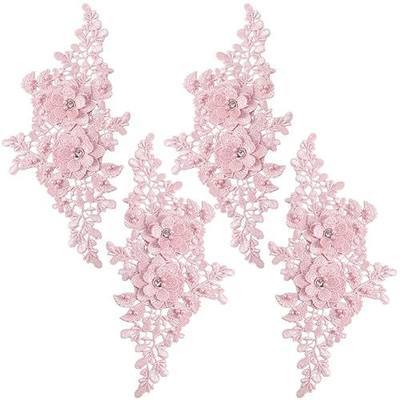 4Pcs Pink Floral Embroidery Applique Embellishments for Clothes | Beaded Flower Rhinestone Appliques 3D Lace Pearl Crystal Sew on Patches for Sewing Making Wedding Gowns Costumes Accessories