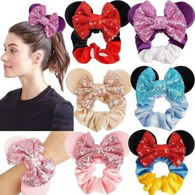 6 Pack Mouse Ears Scrunchies Sequin Mouse Bows Ponytail Holders for Girls | Velvet Fabric Hair Ties for Secure Hold | Mouse Ear Shaped Scrunchie | Perfect for Party/Park Trips