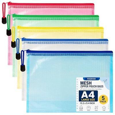 MAQIHAN Mesh Zipper Pouch Bags - A4 Clear Zipper Pouches, 13.2 x 9.4 Inch | Zipper Pouches for Organizing, Waterproof Letter Size File Bag for Puzzles, Board Games, Office Supplies, 5 Pack