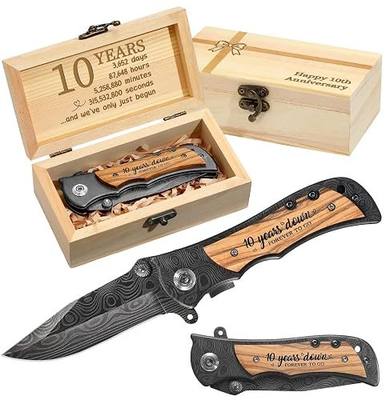 10 Years Anniversary Keepsake for Him Engraved Knife with a Box Happy Tin Anniversary Customized Wedding Birthday Gifts for Men Husband