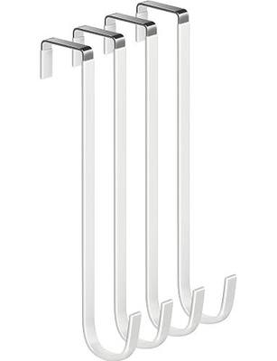Single Long Over Door Steel Hooks 4 Pack Fit 1-3/8" Door 10" White | Plastic Coated Rubber Feel Towel Rack Robe Coat Shoe Wreath Hanger No Damage No Scratch for Bathroom Heavy Duty Thin Top