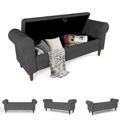 Ribilake Storage Ottoman Bench, 63" Linen End of Bed Bench with Button Tufted, Upholstered Stool with Rolled Arms, Entryway Shoe Cabinet Sitting, King Size, Dark Grey