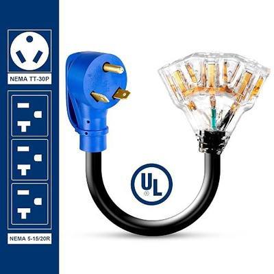 30 Amp to 110V RV Distribution Adapter, NEMA TT-30P Male to 3X5-15/20R Female Generator Adapter Cord with LED Power Indicator, 3-Prong to RV Camper Generator Household Outlet, 12inch