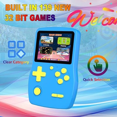 32 Bit Handheld Game for Kids Preloaded 139 Video Games,Roadtrip Travel Toy | 3.0" IPS Screen,5+Hrs Play,USB-C,Retro Gaming for Road Trip, Mini Travel Electronic Toy Xmas Birthday Gifts for Boys Girls
