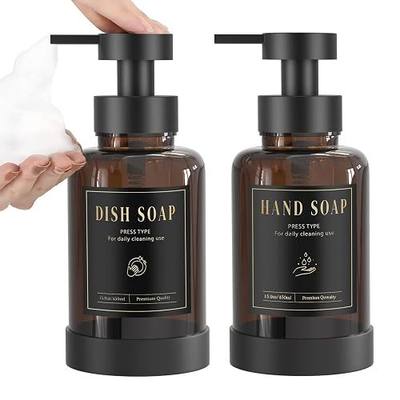 Luxspire Glass Foaming Soap Dispenser 15oz Hand Soap Bottle, Amber, 2 Pack | Anti-drip pump, wide mouth easy refill, non-slip silicone base, 5 waterproof labels, refillable glass for hand dish soap