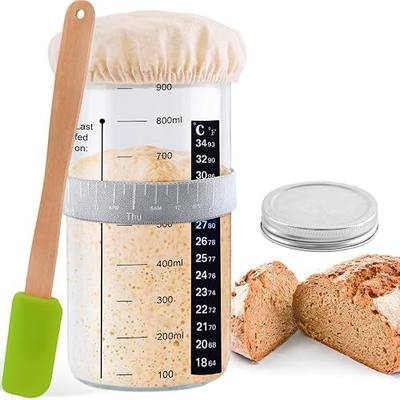 Sourdough Starter Jar - 32oz Sourdough Starter Kit with Thermometer, Feeding Band, Cloth Cover, Silicone Scraper and Metal Lid - Sourdough Bread Baking Supplies