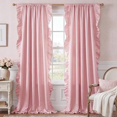 StangH 90 Inch Pink Ruffle Satin Curtains, Vintage Shabby Chic Romantic Drapes for Nursery, Light Filtering Privacy Window Treatments for Vanity Room/Girls Room, W52 x L90