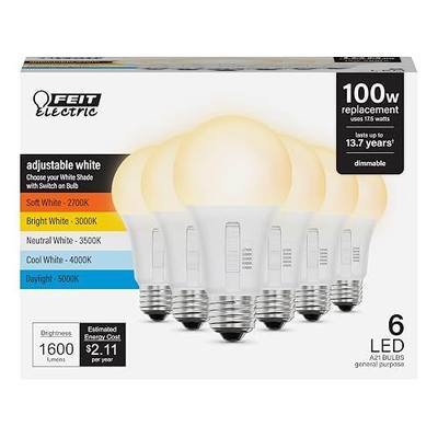 Feit Electric A19 LED Light Bulb, 60W Eq, Dimmable, 5CCT, 800 Lumens