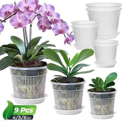 T4U Clear Orchid Pots 9 Pack 4.3 5.5 6.3 Inch, Orchid Pot Holes Repotting | Phalaenopsis dendrobium, Slotted ventilation, Root growth visible, 3 sizes assorted, Transparent