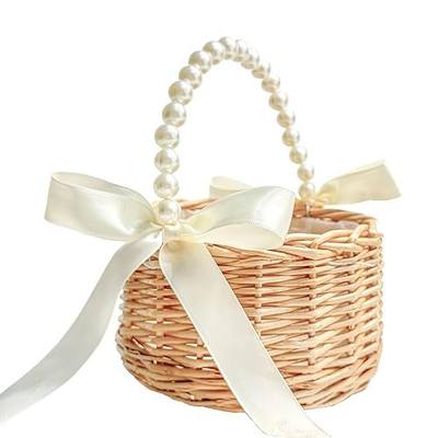 Flower Girl Basket, Handwoven Wicker Rattan Small Flower Girl Basket with Pearl Handle Ribbon Bow Plastic Liner, Wedding Flower Girl Basket and Home Decor