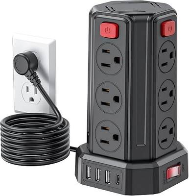 Power Strip 6.5 Ft Extension Cord with 12 AC Multiple Outlets 4 USB (1 USB C), SMALLRT Power Strip Tower Desktop Charging Station for Home Office College Dorm Essentials