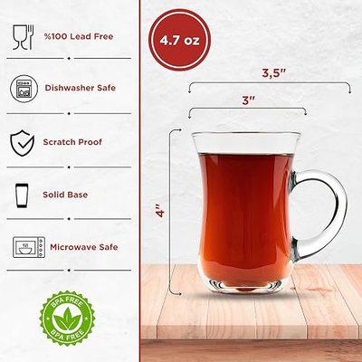 Turkish Tea Glasses with Handle Set of 6, Small Clear Glass Tea Cups for Hot & Cold Beverages, Slim Waist & Thick Base Design, Arabic Moroccan Glass Drinkware