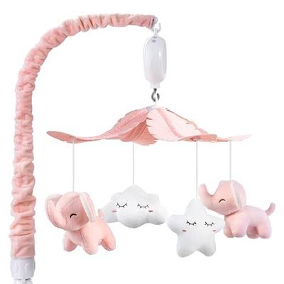 FEISIKE Mobile for Crib Bassinet Girls Baby Mobiles with 3 Modes Digital Music Box(Turn Only, Music Only, Turn & Music, 35 Lullabies, Pink Elephant Nursery Mobile, Clamp Type, Pretty Box Packaging
