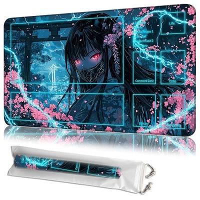MTG Playmat 24"x14" with Play Zones, Machine Washable Non-Slip Rubber Mat, 2mm Thick Stitched Edge for Magic The Gathering TCG Players- Cyberpunk Cherry Blossom Girl