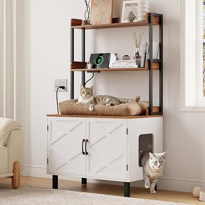 ONBRILL 55 Inches Cat Litter Box Enclosure, Hidden Litter Box Furniture with 2 Storage Shelves and Charging Sockets, Wooden Cat House, Large Indoor Cabinet for Living Room & Entryway, White