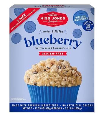 Miss Jones Baking Gluten-Free Blueberry Muffin & Bread Mix - 50% Lower Sugar, Real Blueberries, Naturally Sweetened Desserts & Treats, 12.35 Ounce (Pack of 3)