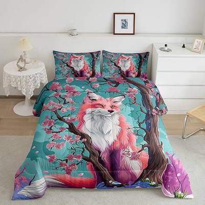 Feelyou Kids Fox Comforter Set Full Size Cherry Blossoms Bedding Set Boys Girls Japanese Style Comforter Cute Kawaii Animal Pattern Sakura Flower Quilt Set
