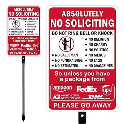 14" x 10" Large No Soliciting Sign with 36" Heavy Duty Steel Stake | Absolutely No Soliciting No Religious Aluminum Metal Yard Signs for House Front Door, Deliveries Only, Sun-Proof, Rust-Free