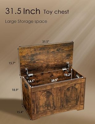 Storage Chest, Wooden Toy Box, Rustic Brown 31.5" L | Entryway Shoe Bench, 2 Soft-close Hinges, Finger-safe Flip-Top Lid, Easy Assembly, Farmhouse Large Trunk, Living Room/Bedroom