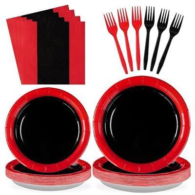 Greencian 96Pcs Red and Black Birthday Party Decorations, Serves 24 | Carpet Prom Graduation Plates and Napkins Tableware Set for Men Baby Shower Vip Spooky Theme Fiesta Congrats Party Supplies
