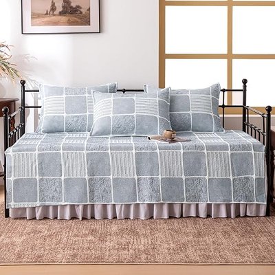 SLEEP ZONE 5 Pcs Daybed Cover Set Art Plaid Quilting Cozy All Season Soft Daybed Comforter Bedding Set with Bedskirt, Matching Sham, 75" × 39", Gray Blue